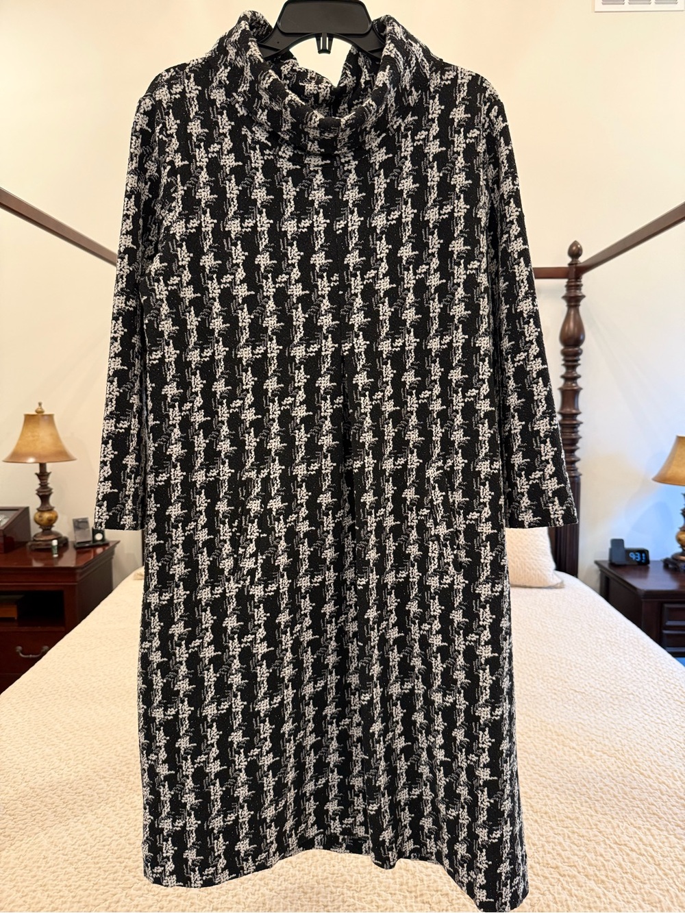 Tyler Boe Black and White Houndstooth Cowl Neck Long Sleeve Dress